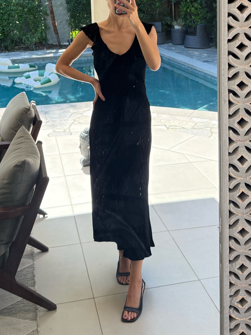 Ralph Lauren Black Ruffled Velvet V-Neck Maxi Dress